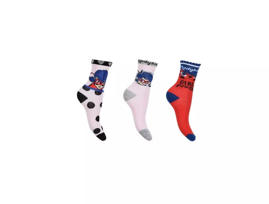 Set van 3 Miraculous Ladybug sokken in rood en lichtroze met Ladybug afbeelding. Laatste maat 23/26, zachte katoenen sokken, officiële licentie.