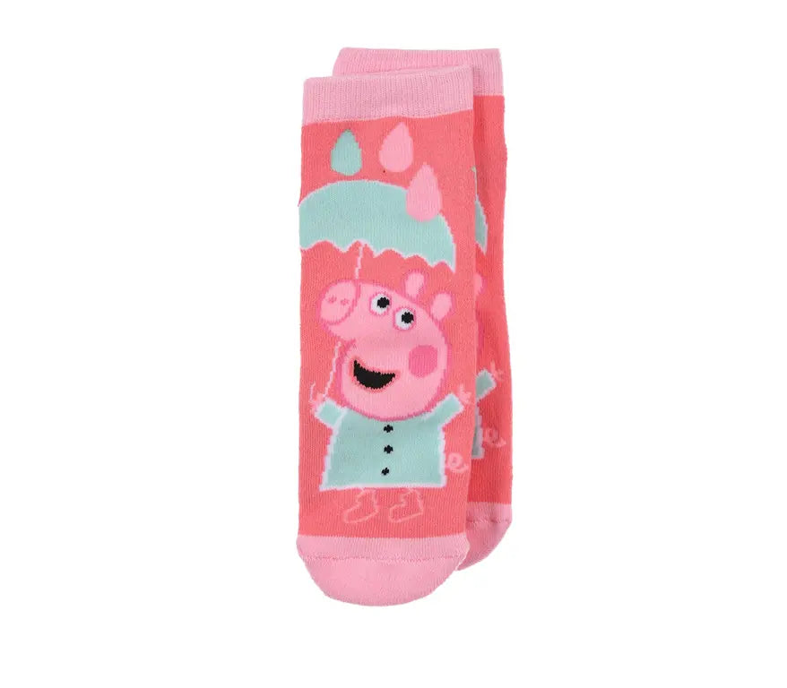 Roze Peppa Pig antislip sokken met afbeelding van Peppa met paraplu en blauwe glinsterende sterretjes. Maten 27/30 & 31/34, officiële licentie.