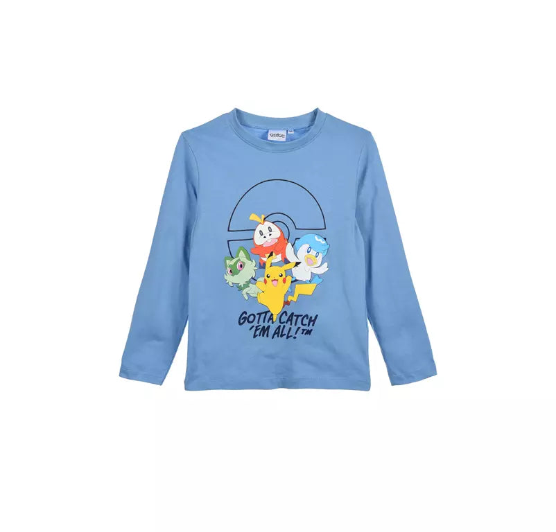 Pokémon Longsleeve Kindershirt – Lichtblauw 100% Katoen – Gotta Catch ’Em All – Maten 104-152