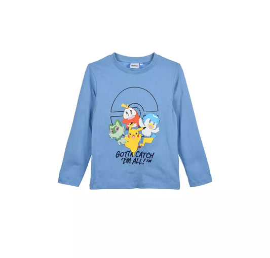 Pokémon Longsleeve Kindershirt – Lichtblauw 100% Katoen – Gotta Catch ’Em All – Maten 104-152