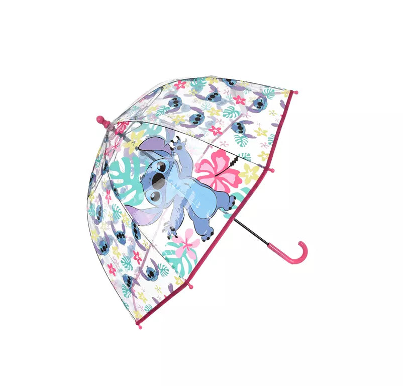Doorzichtige Disney Stitch kinderparaplu met bloemen en roze details – koepelvormige paraplu van 72 cm met stevig frame en officieel Disney Stitch licentie.