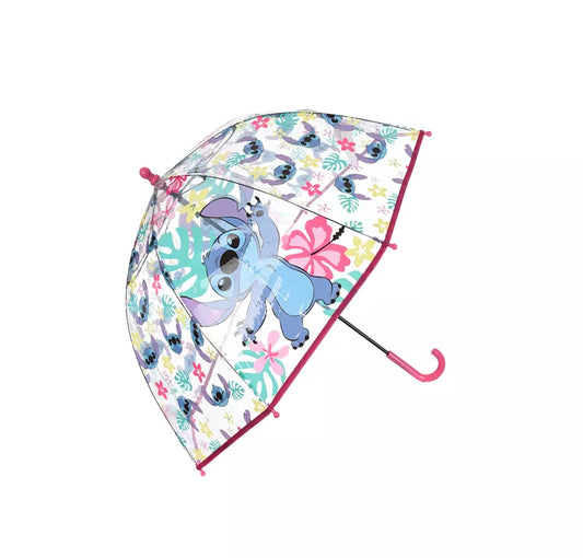 Doorzichtige Disney Stitch kinderparaplu met bloemen en roze details – koepelvormige paraplu van 72 cm met stevig frame en officieel Disney Stitch licentie.
