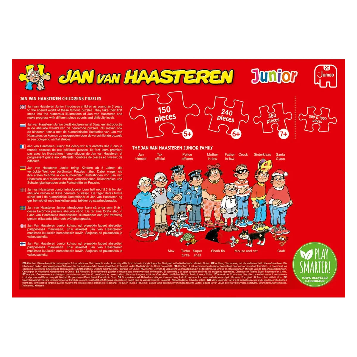 Achterkant van de Jan van Haasteren Junior puzzeldoos met productinformatie