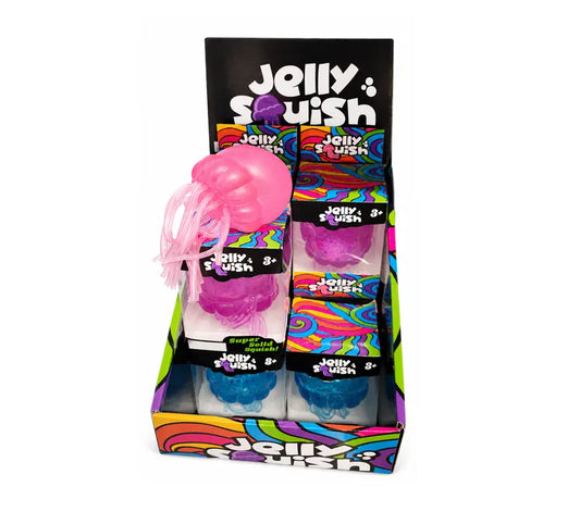Jelly Fish Squishy met glitters in roze, paars en blauw van circa 6 x 6 cm