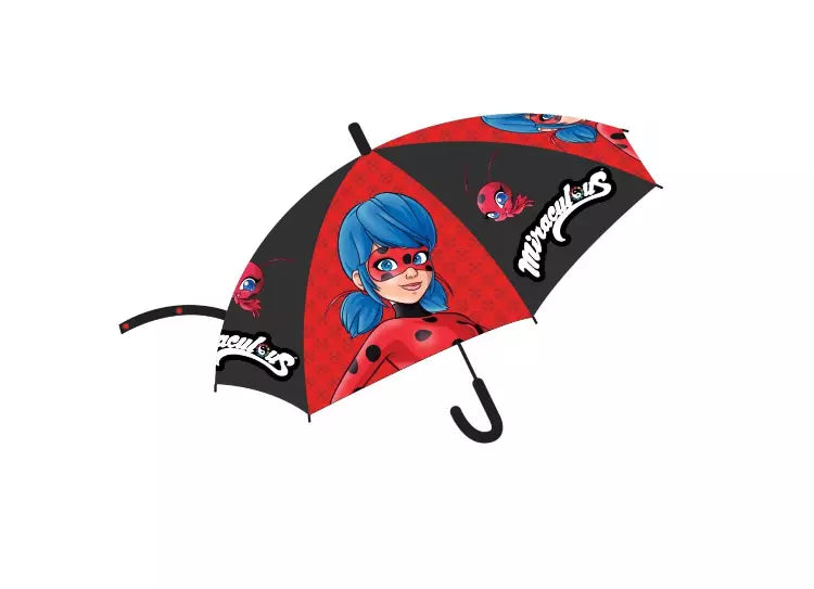 Rode Miraculous Ladybug kinderparaplu met zwarte stippen en Ladybug afbeelding. Ø68 cm, automatisch openend, officiële licentie.
