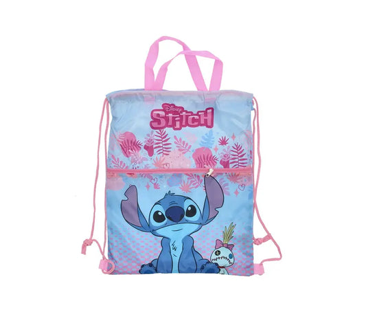 Disney Stitch gymtas in lichtblauw en roze met Stitch en Scrump, voorvak met ritssluiting, trekkoorden en draaghengsels.