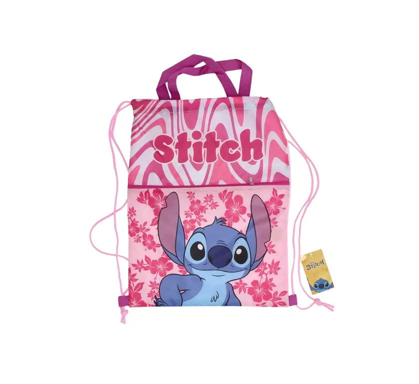Roze Disney Stitch gymtas met bloemenprint, groot Stitch-design, trekkoorden, draaghengsels en voorvak met ritssluiting.