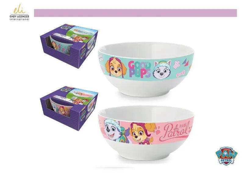 Set van twee Paw Patrol keramische schaaltjes met kleurrijke afbeeldingen van Skye en Everest op de buitenzijde.