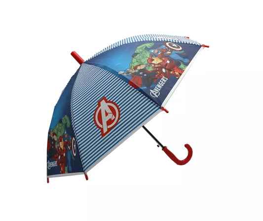 Blauwe Marvel Avengers kinderparaplu met gestreept design en superheldenprint. Ø68 cm, automatisch openend, officiële licentie.
