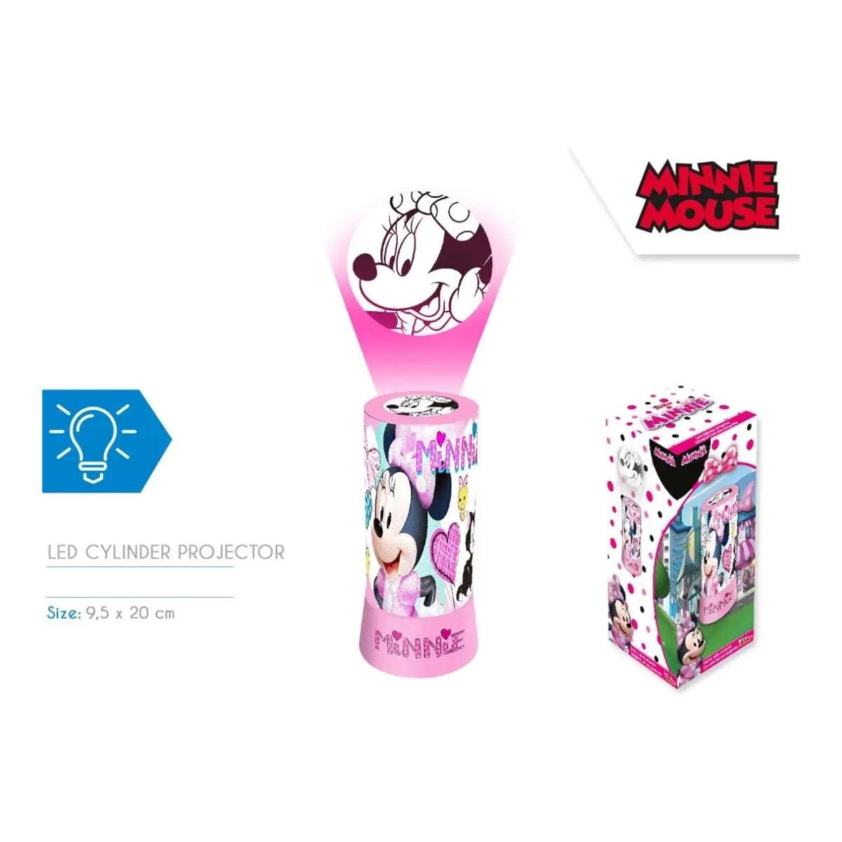 Minnie Mouse LED-projectorlamp met projectie, verpakking en afmetingen