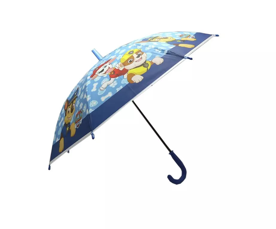 Blauwe PAW Patrol kinderparaplu met afbeeldingen van Chase, Marshall en Rubble. Ø68 cm, automatisch openend, officieel gelicentieerd.