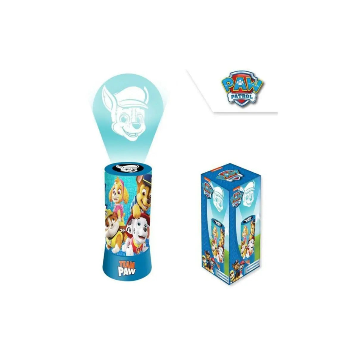 Paw Patrol LED-projectorlamp met verpakking en lichtprojectie van Chase
