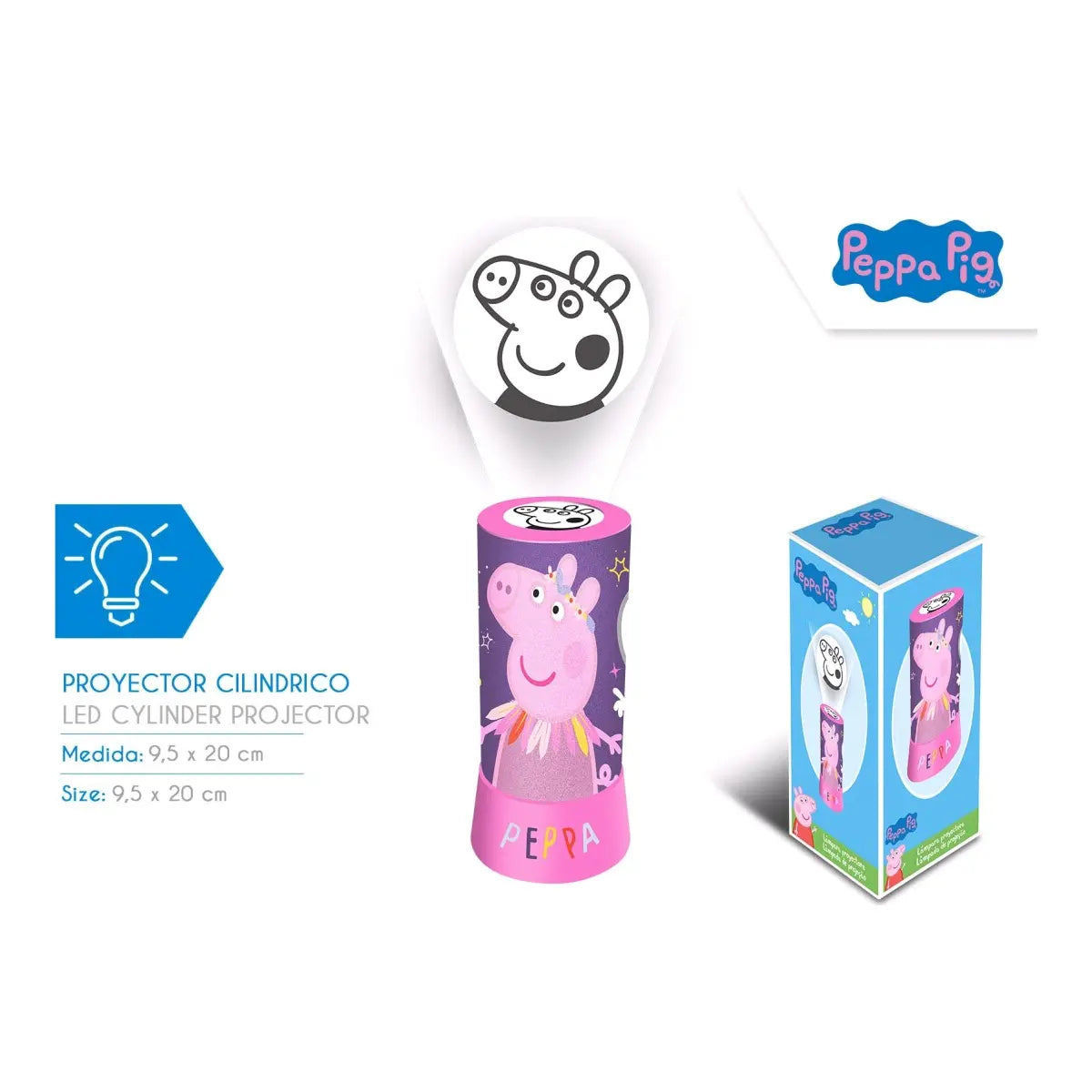 Peppa Pig LED-projectorlamp met verpakking, projectie en afmetingen