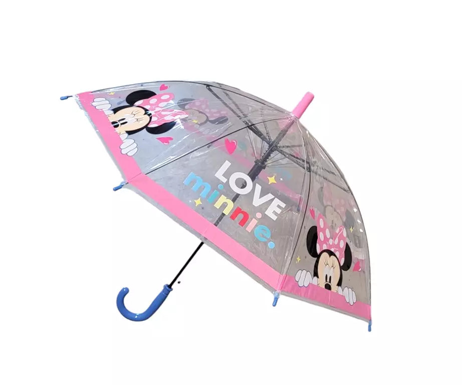 Transparante Disney Minnie Mouse kinderparaplu met “Love Minnie” print. Ø68 cm, blauw handvat, officiële licentie.