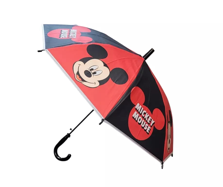 Disney Mickey Mouse paraplu in zwart en rood met Mickey afbeelding en silhouet. Ø68 cm, automatisch openend, officiële licentie.