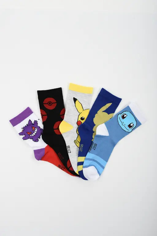 Vijf paar Pokémon kindersokken met verschillende kleurrijke designs