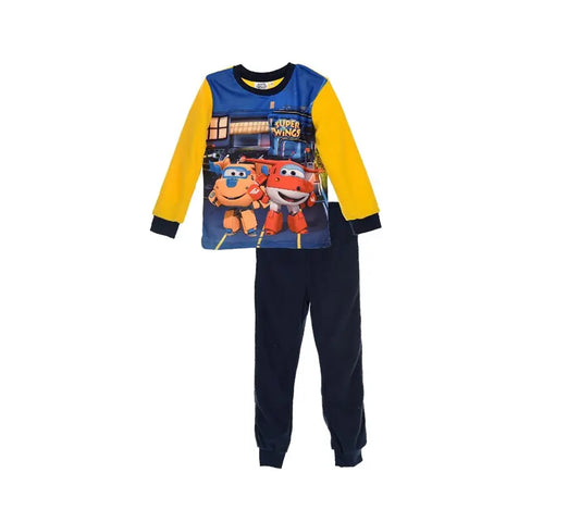 Donkerblauwe Super Wings fleece pyjama met gele mouwen en heldenprint, maat 98, warme jongenspyjama van 100% polyester.