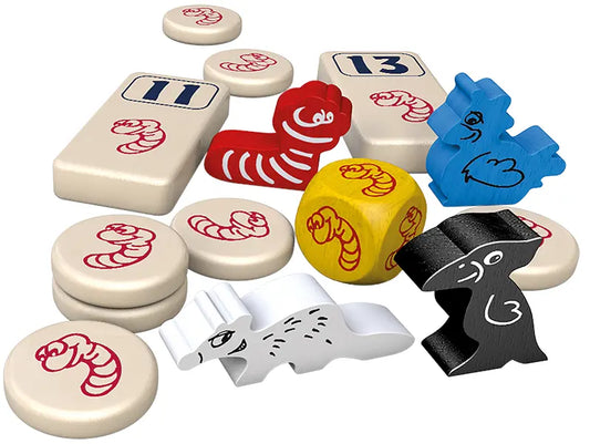 Regenwormen uitbreiding met houten speelstukken en dobbelsteen