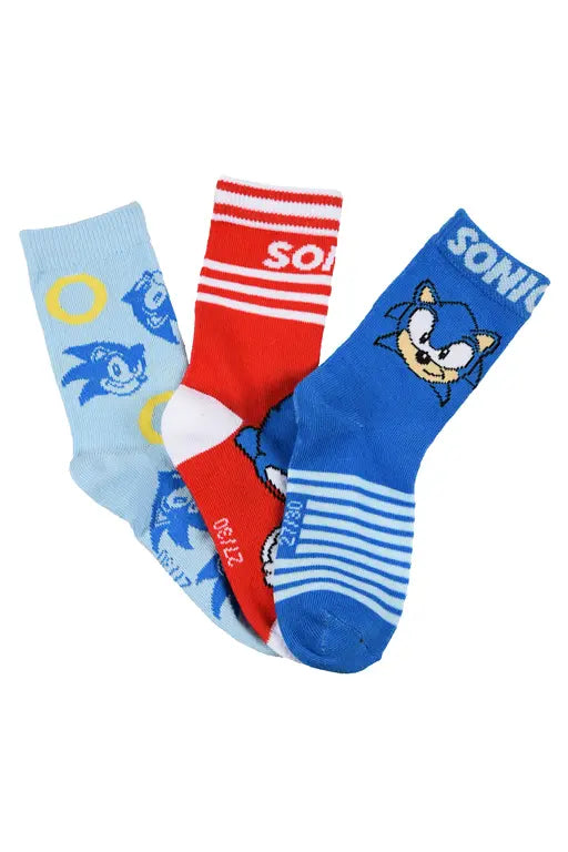 Drie paar Sonic kindersokken in blauw lichtblauw en rood