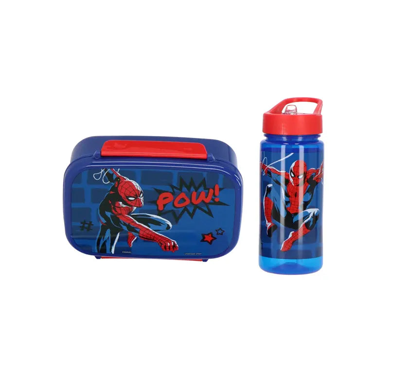 Marvel Spider-Man lunchset met blauwe broodtrommel 800 ml en drinkfles 500 ml in geschenkverpakking.