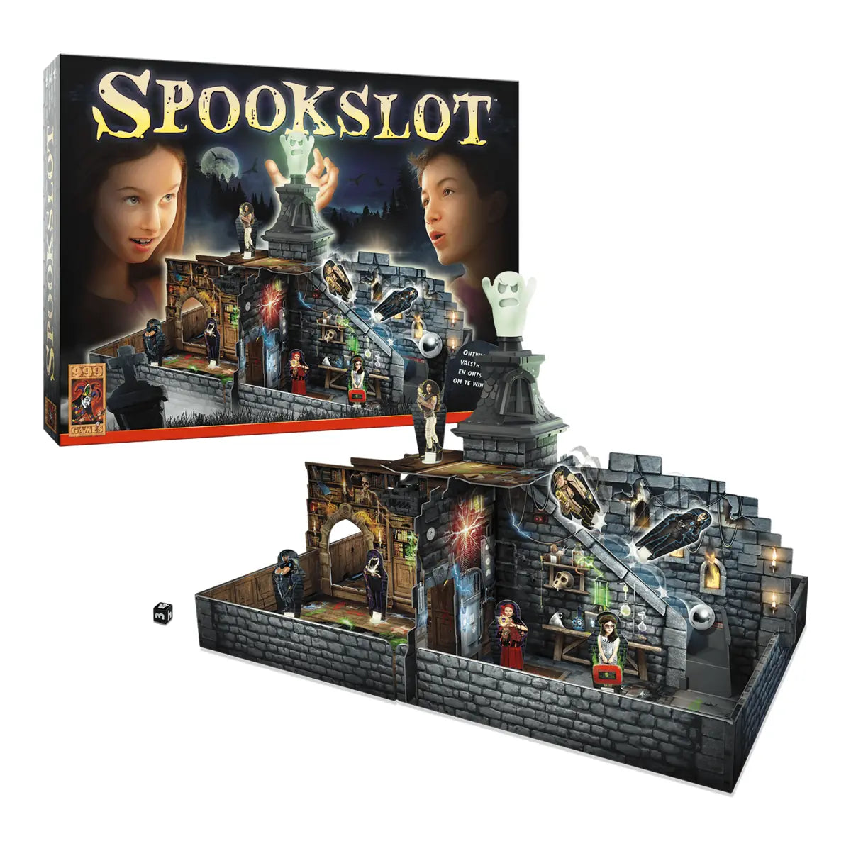 Spookslot bordspel met verpakking, compleet opgebouwd kasteel en dobbelsteen
