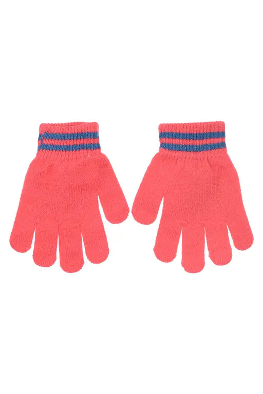 Achterkant van roze Stitch kinderhandschoenen met blauw gestreepte boord