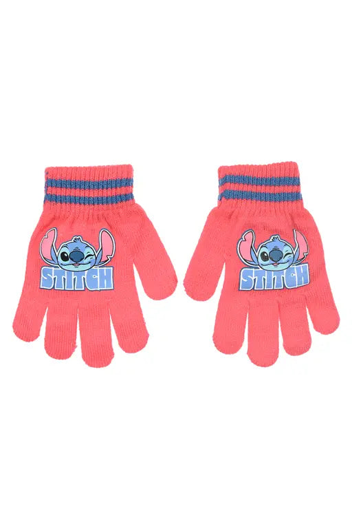 Roze Stitch kinderhandschoenen met blauwe gestreepte boord voor kinderen