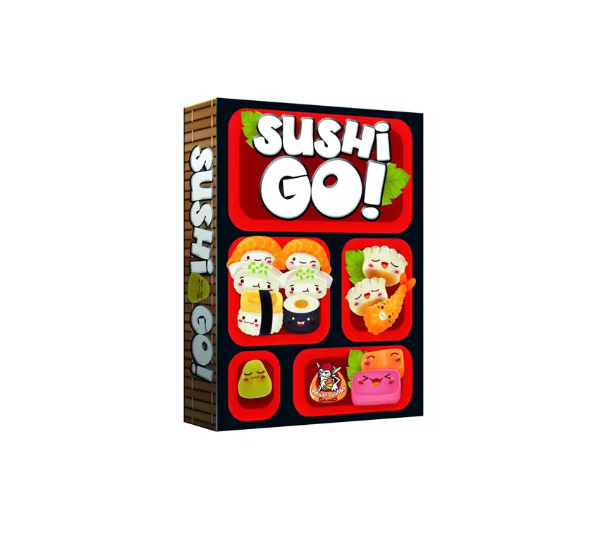 Sushi Go kaartspel van White Goblin Games met vrolijke sushi-illustraties, snel familiespel voor 2–5 spelers vanaf 8 jaar.