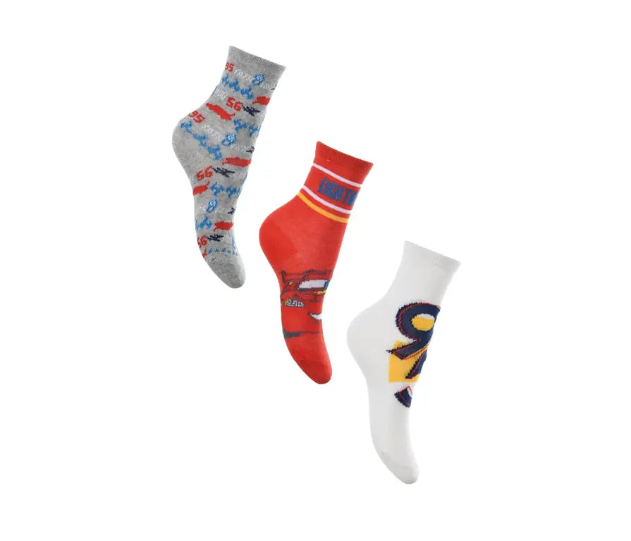 Set van 3 Disney Cars kindersokken met Lightning McQueen designs, maten 23/26–31/34, zachte katoenmengsels, officiële licentie.