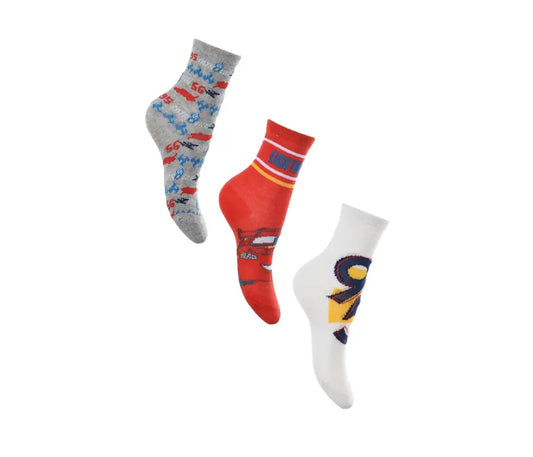Set van 3 Disney Cars kindersokken met Lightning McQueen designs, maten 23/26–31/34, zachte katoenmengsels, officiële licentie.