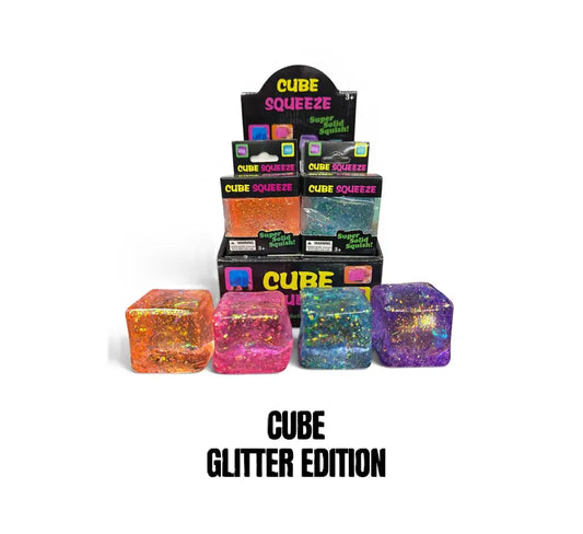 Cube Glitter Squishy 5 x 5 cm met glitters in verschillende kleuren