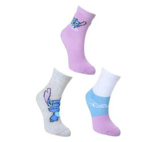 Disney Stitch sokkenset van 3 paar in roze, grijs en wit/blauw, zachte katoenmengsel, maten 27/30–35/37, officiële licentie.