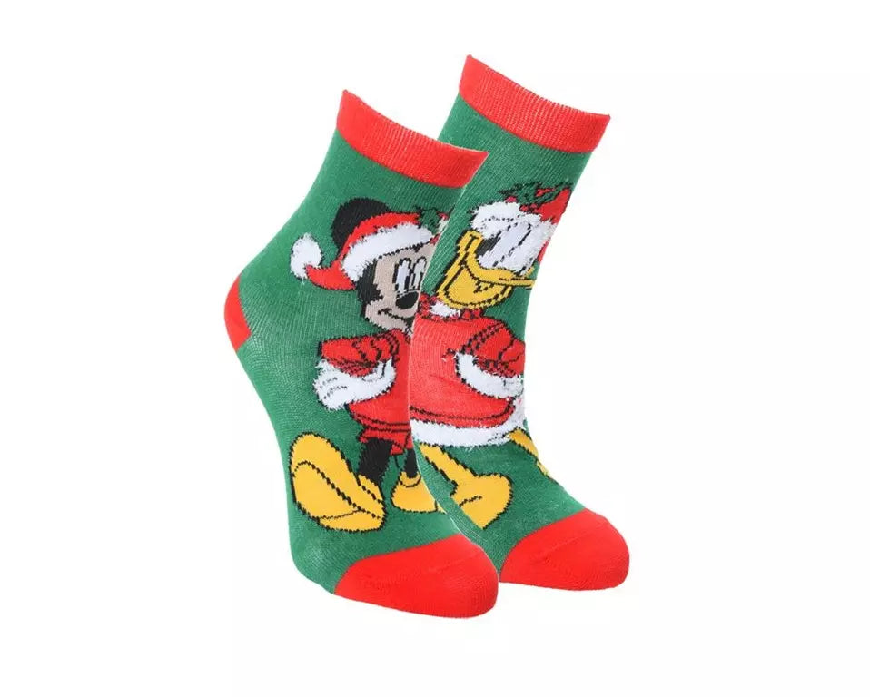 Groene Disney kindersokken met Mickey Mouse & Donald Duck in kerststijl, zachte katoenmengsel, maten 23/26–31/34, officiële licentie.