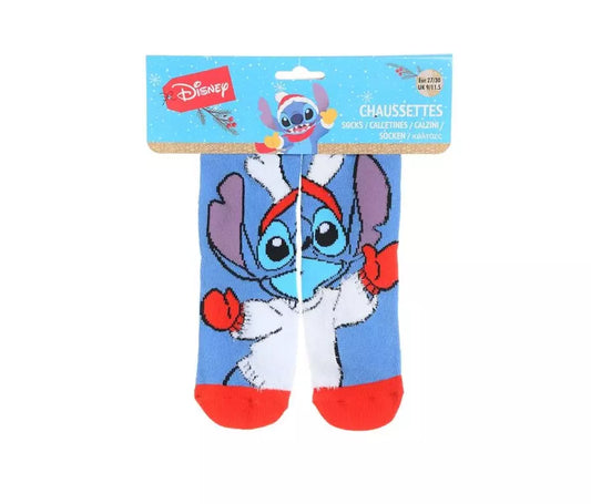 Blauwe Disney Stitch kindersokken met kerstdesign, zachte katoenmengsel, maten 23/26–31/34, officiële licentie.