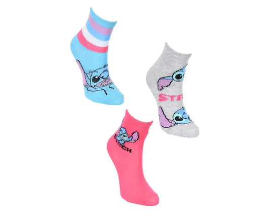 Set van 3 Disney Stitch kindersokken in grijs, blauw en roze met Stitch-afbeeldingen, maten 27/30–31/34, zachte katoenmengsel, officiële licentie.
