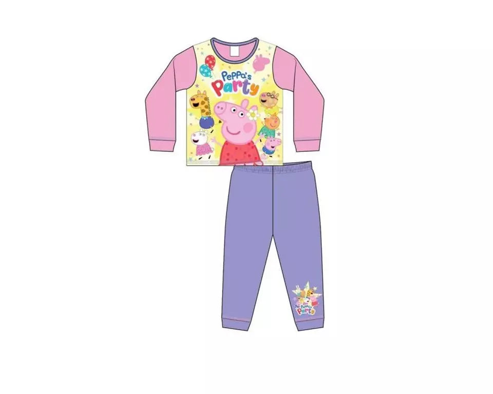 Roze en paarse Peppa Pig kinderpyjama met “Peppa’s Party” print. Shirt met Peppa en vriendjes, broek met Peppa afbeelding. 100% katoen, officiële licentie.