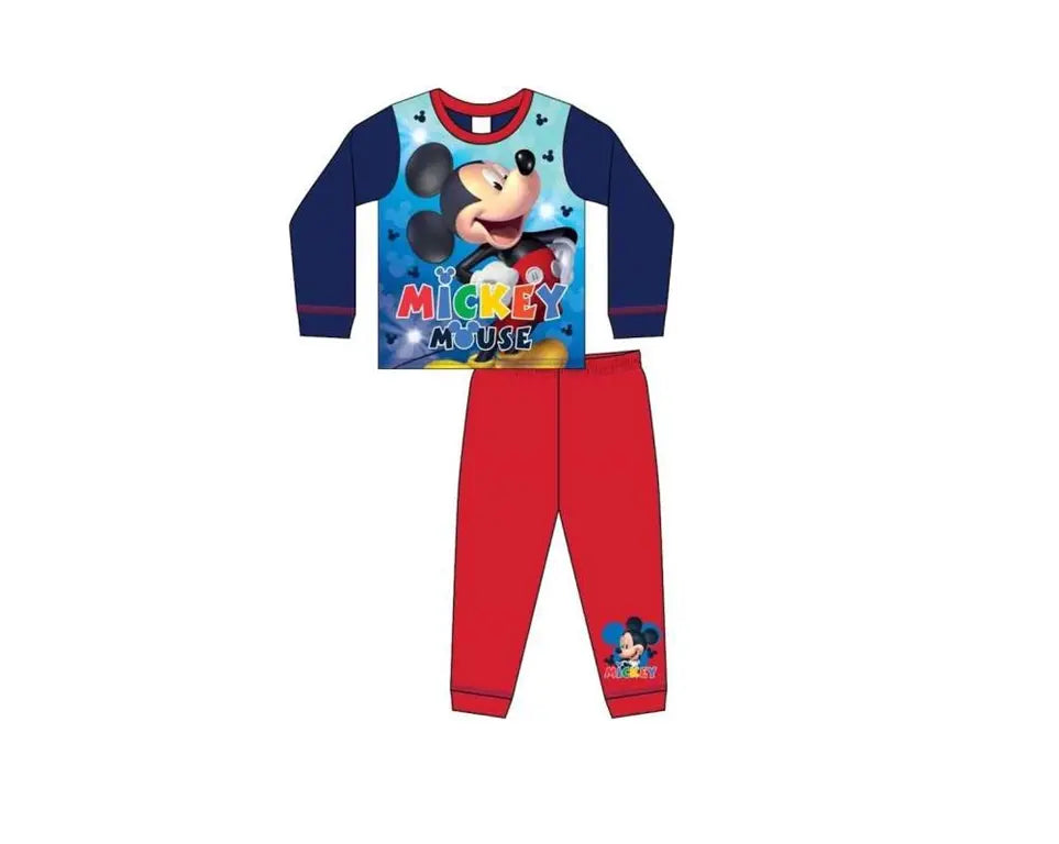 Mickey Mouse kinderpyjama in donkerblauw, 100% katoen, elastische broek, maten 86/92–104/110, officiële Disney licentie.