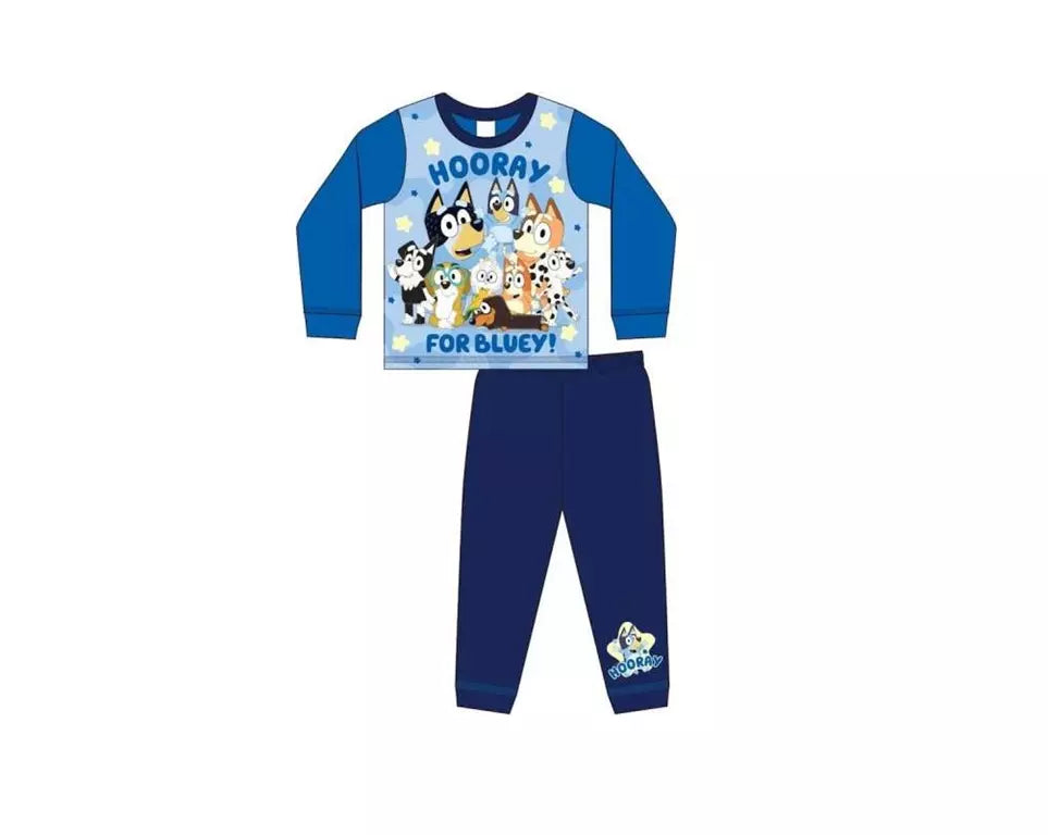 Blauwe Bluey pyjama voor jongens met afbeelding van Bluey, Bingo en vrienden – model “Hooray for Bluey”, comfortabele kinderpyjama van 100% katoen, officieel gelicentieerd Bluey-product.