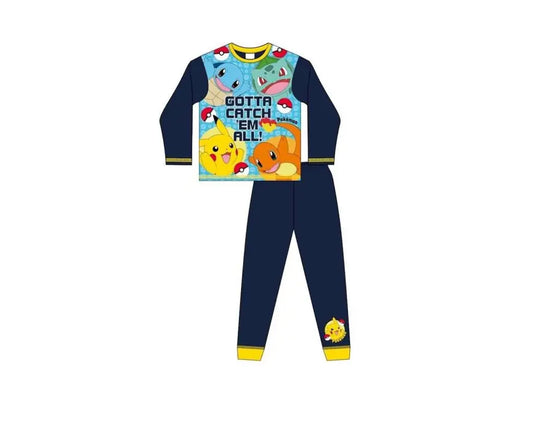Donkerblauwe Pokémon pyjama voor jongens met Pikachu, Charmander, Squirtle en Bulbasaur, 100% katoen, officiële licentie.